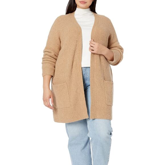 New Oversized Cardigan Shaker Knit Boucle Sweater Pockets Camel Heather L - Picture 1 of 9